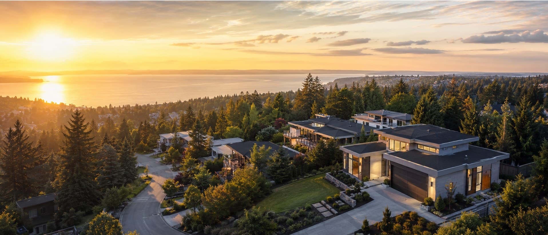 Aerial sunset view of a Greater Seattle Area neighborhood built by JT Homes