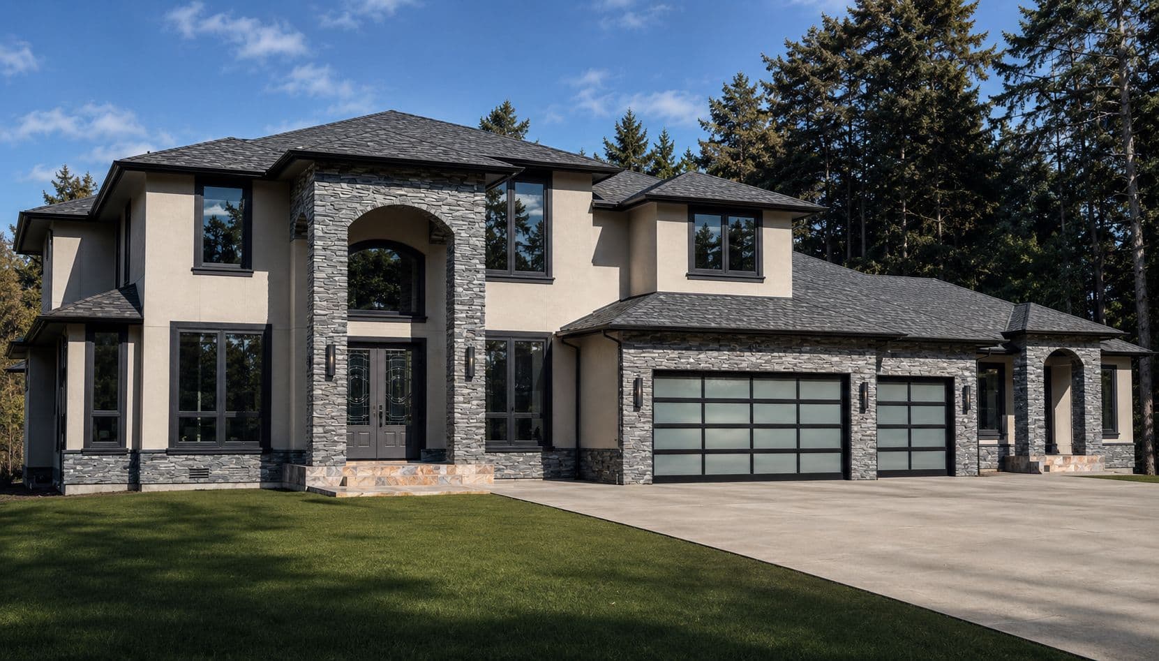 Luxury custom home exterior with stone entry